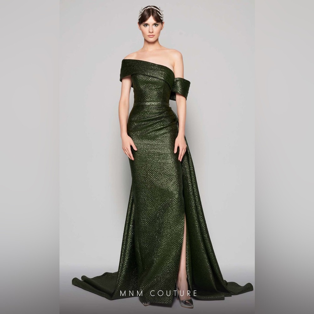 MNM Couture Green Off-Shoulder Maxi Dress